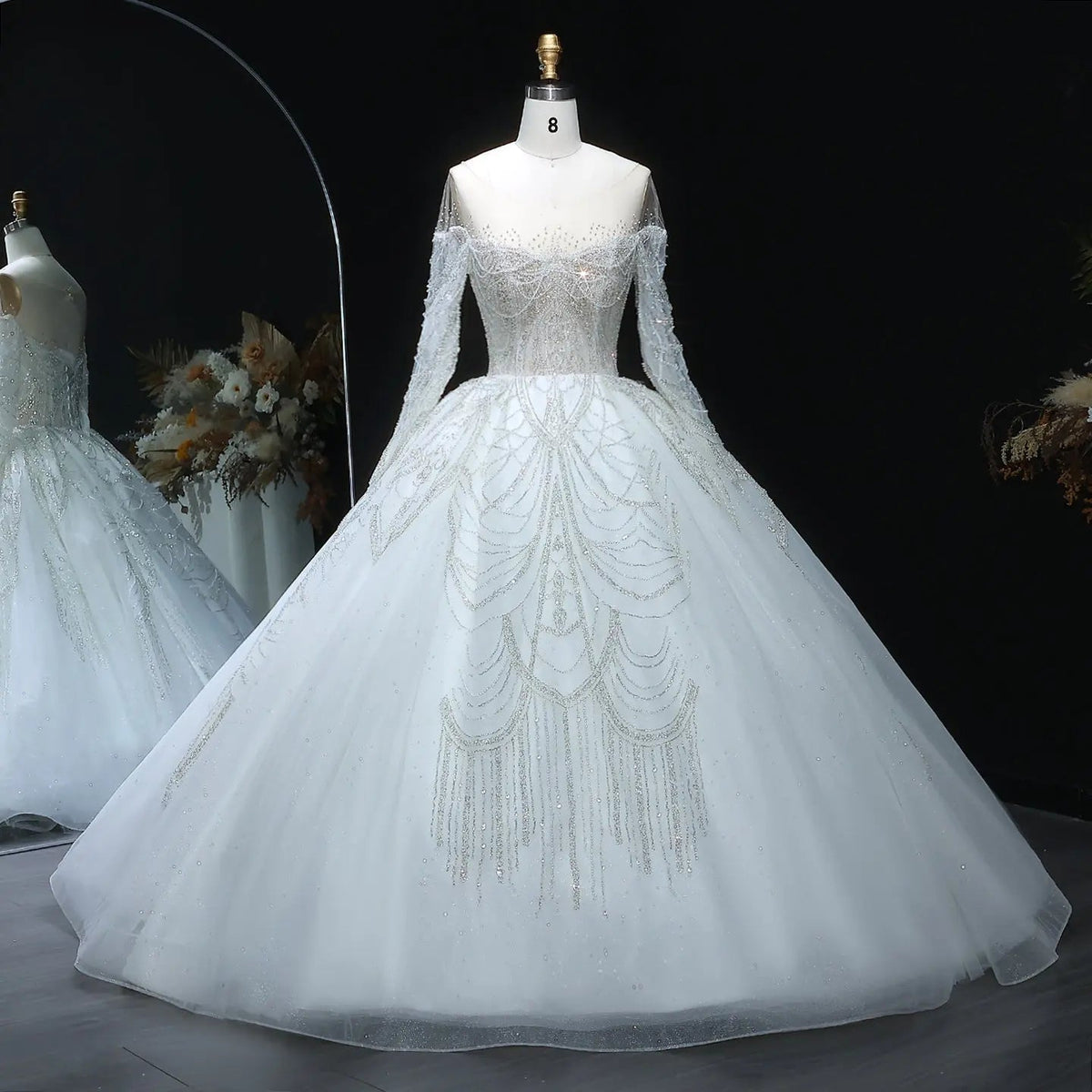 Luxury Beaded Long Sleeve Ball Gown Wedding Dress ZP184 - VelvetHem