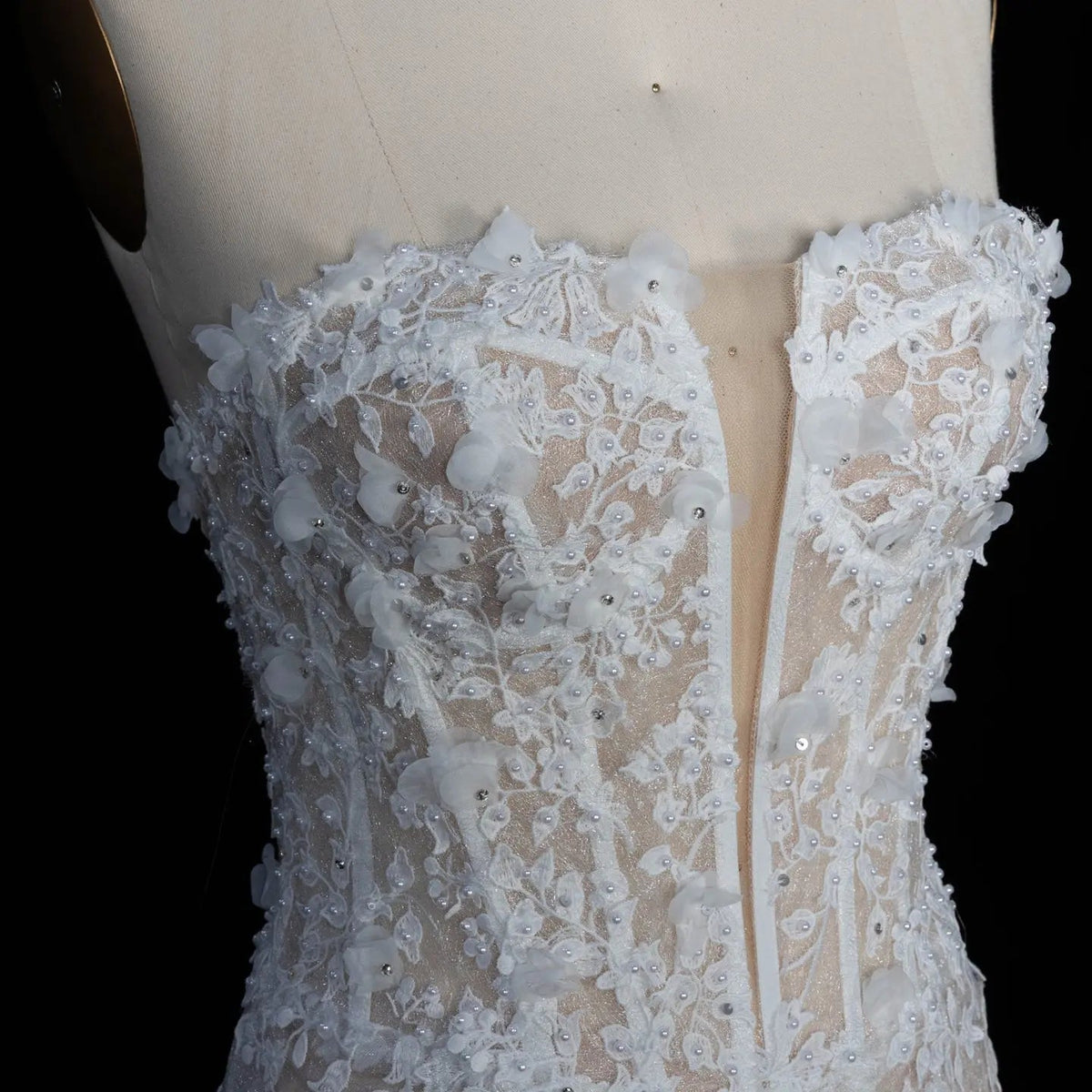 White Nude Lace Fairytale Mermaid Wedding Dress 3D Floral Train ZP037