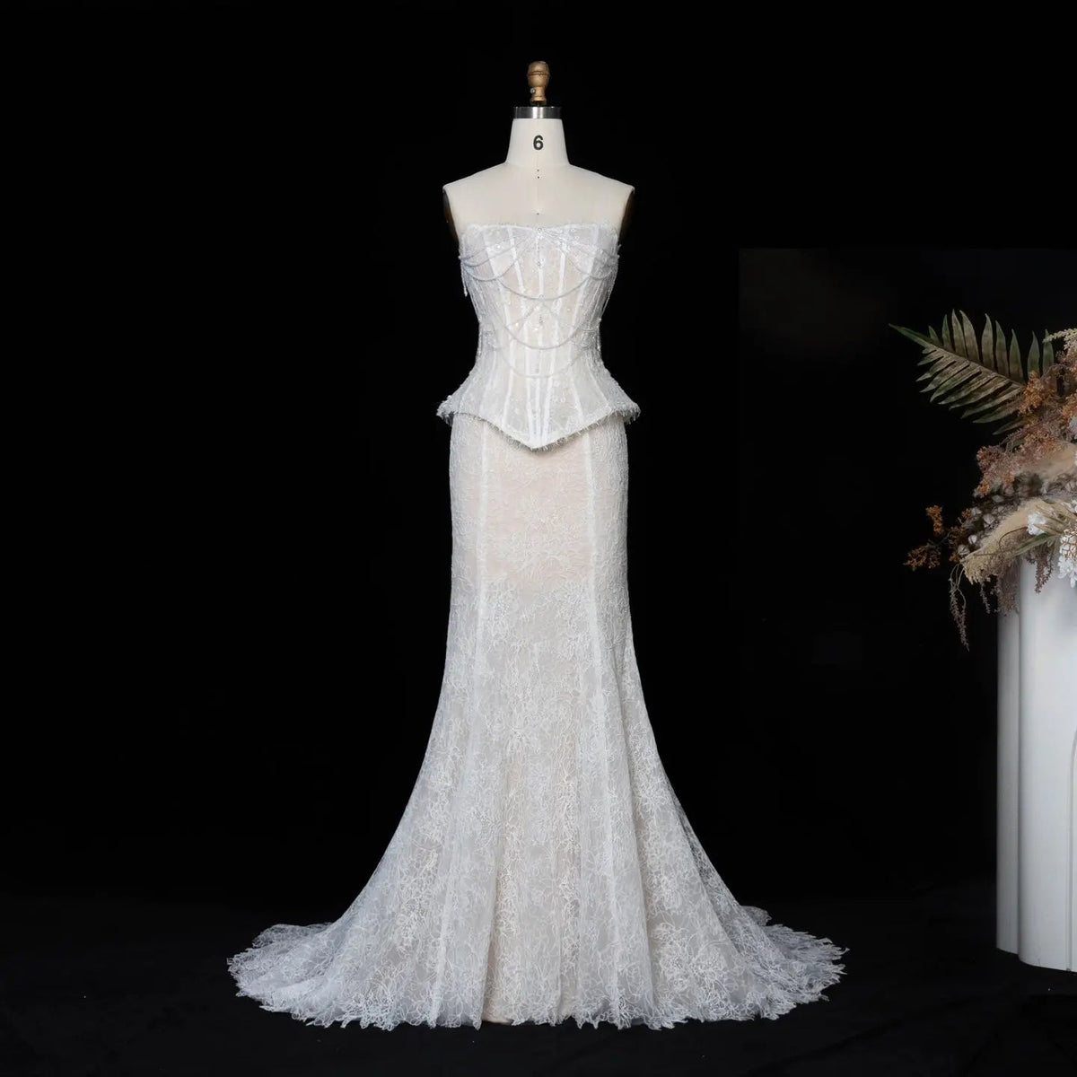 White Nude Mermaid Wedding Dress Beaded Chain Detailing With Lace Train ZP039