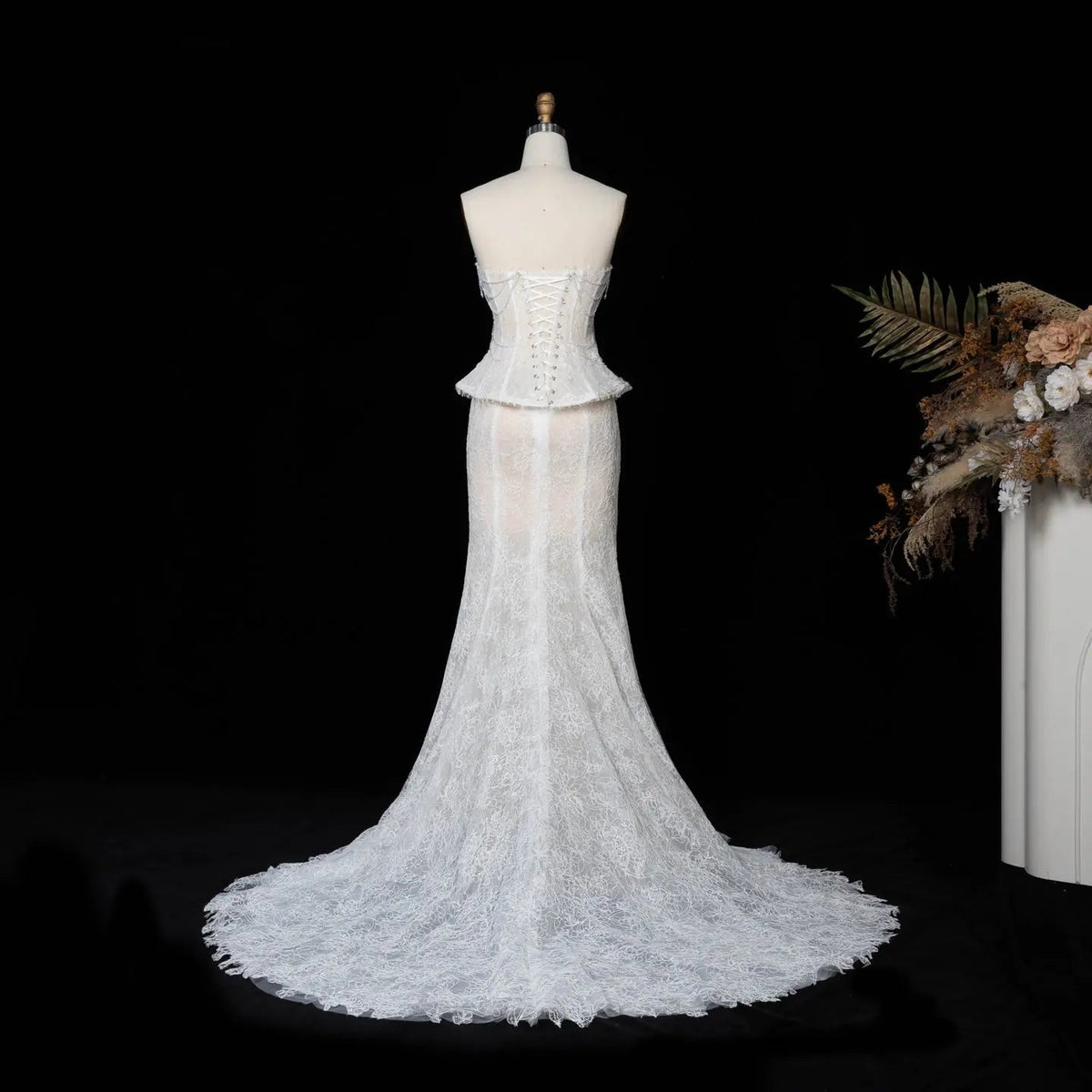 White Nude Mermaid Wedding Dress Beaded Chain Detailing With Lace Train ZP039