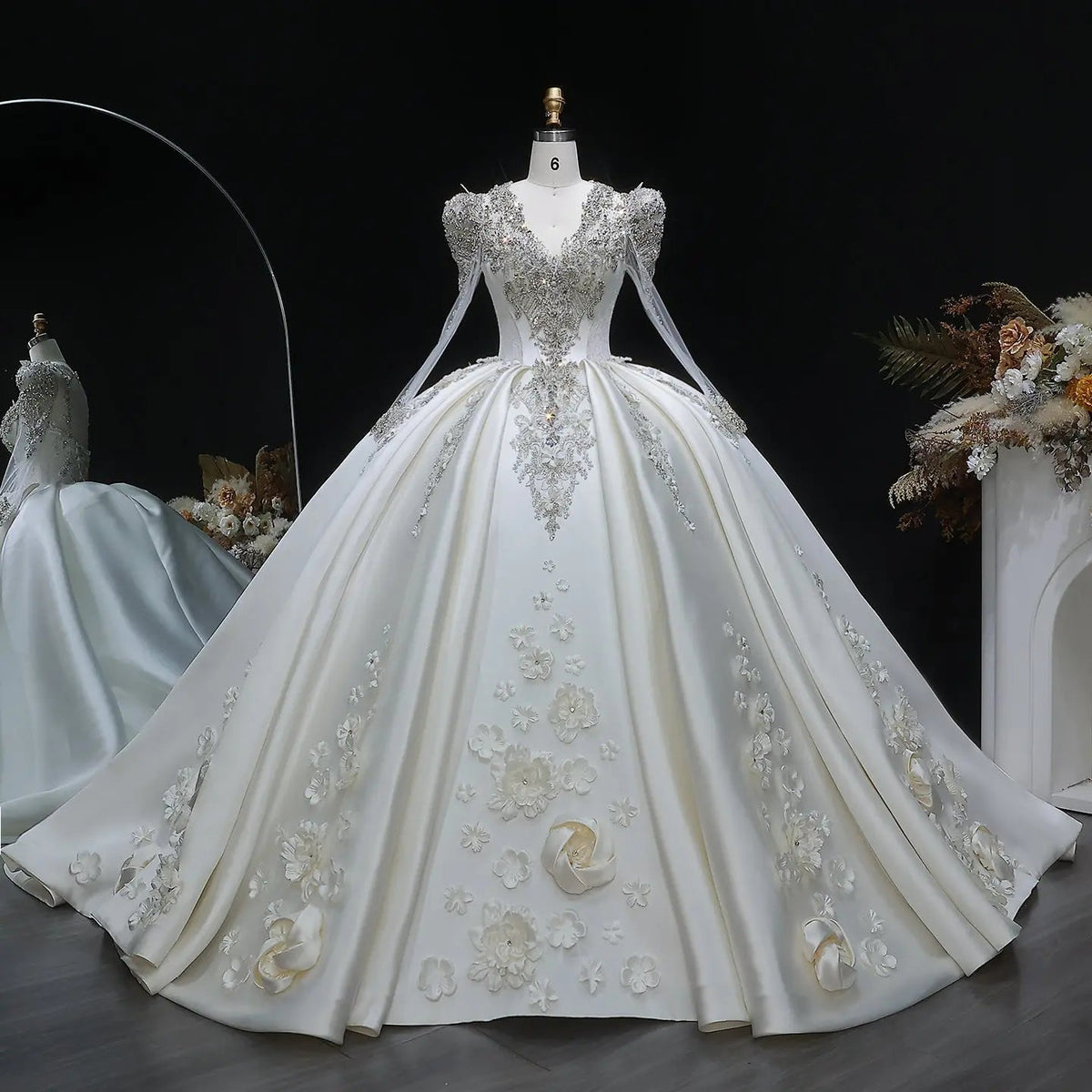 Luxury Satin 3D Floral Long Sleeve Embroidered Wedding Dress ZP161 - VelvetHem