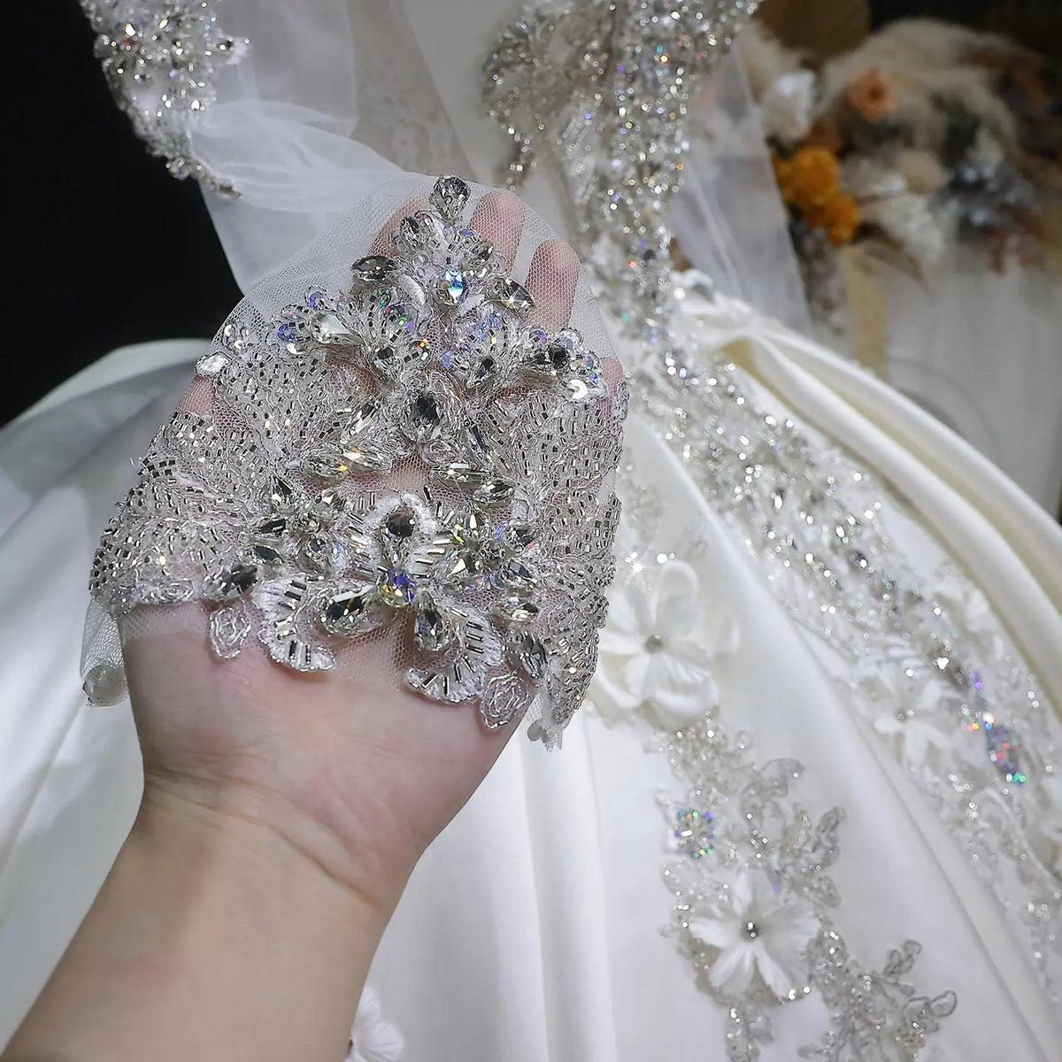 Luxury Satin 3D Floral Long Sleeve Embroidered Wedding Dress ZP161