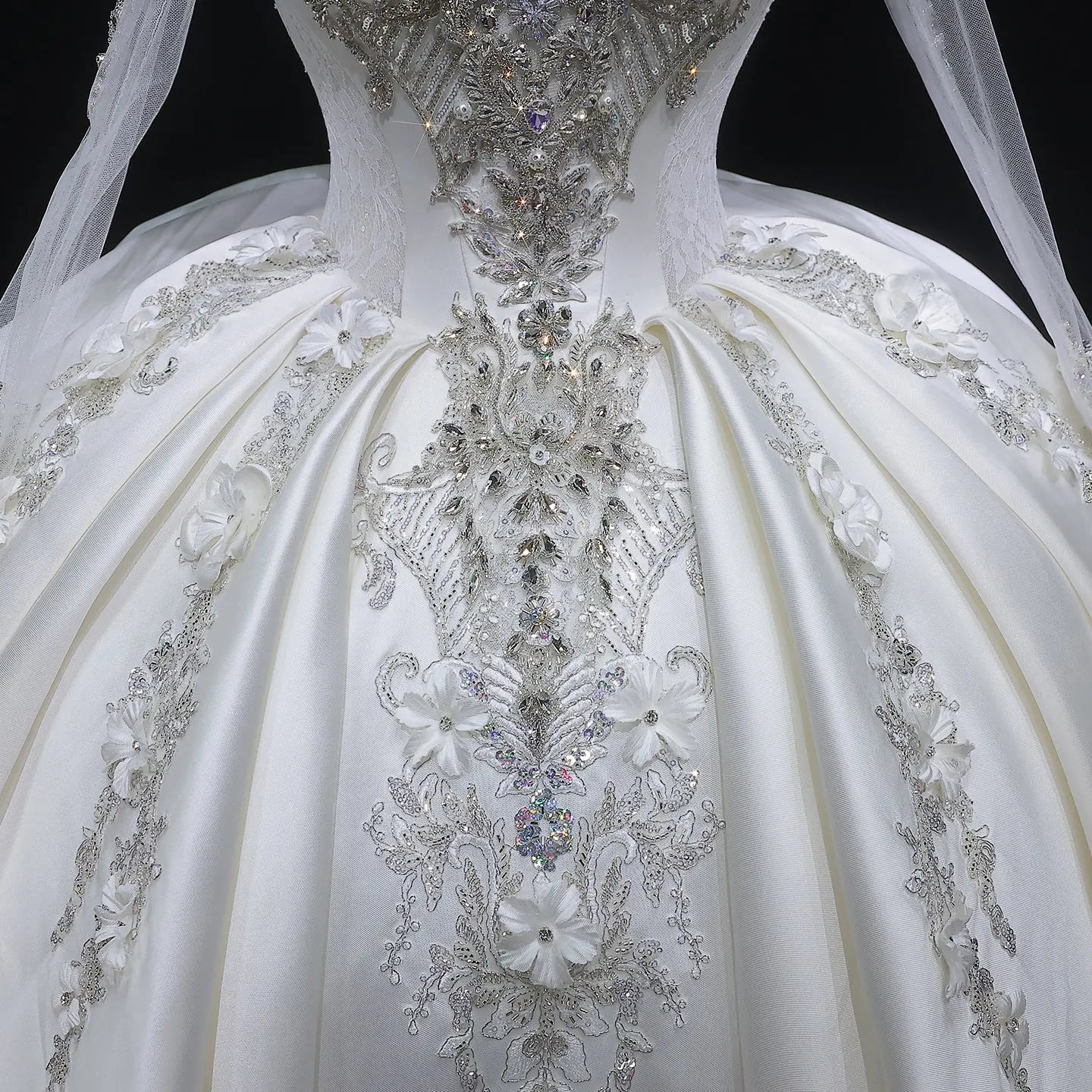 Luxury Satin 3D Floral Long Sleeve Embroidered Wedding Dress ZP161