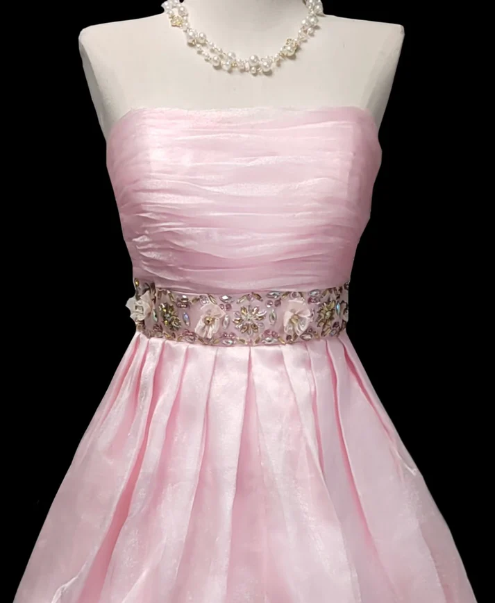 Cute Strapless Tulle Beaded Pink A Line Short Prom Dress Homecoming Dress