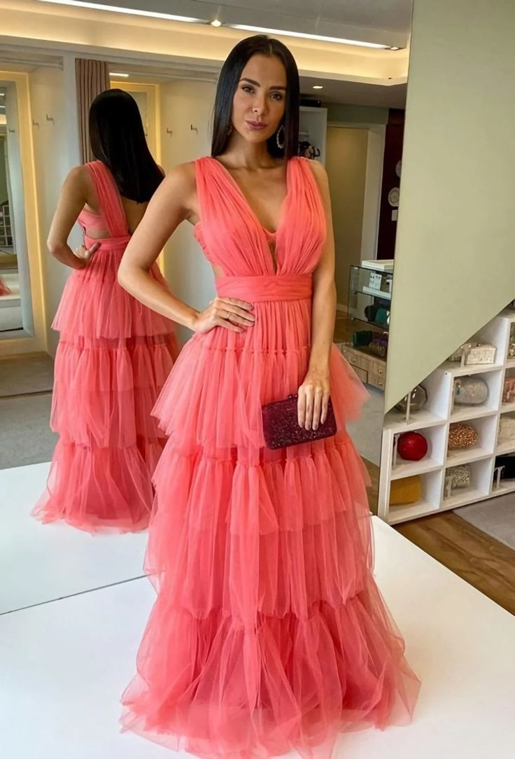 A-Line V Neck Tulle Prom Dresses - VelvetHem