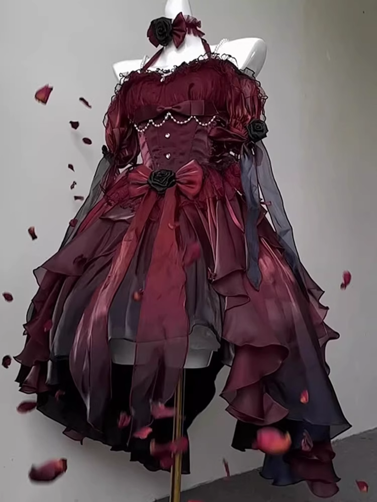 Chic High Low Halter Burgundy Organza Party Dresses Birthday Outfits - VelvetHem