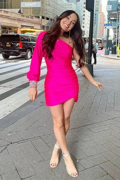 Short Mermaid Asymmetrical Ruffles One Sleeve Open Back Homecoming Dress (ZD12340) - VelvetHem