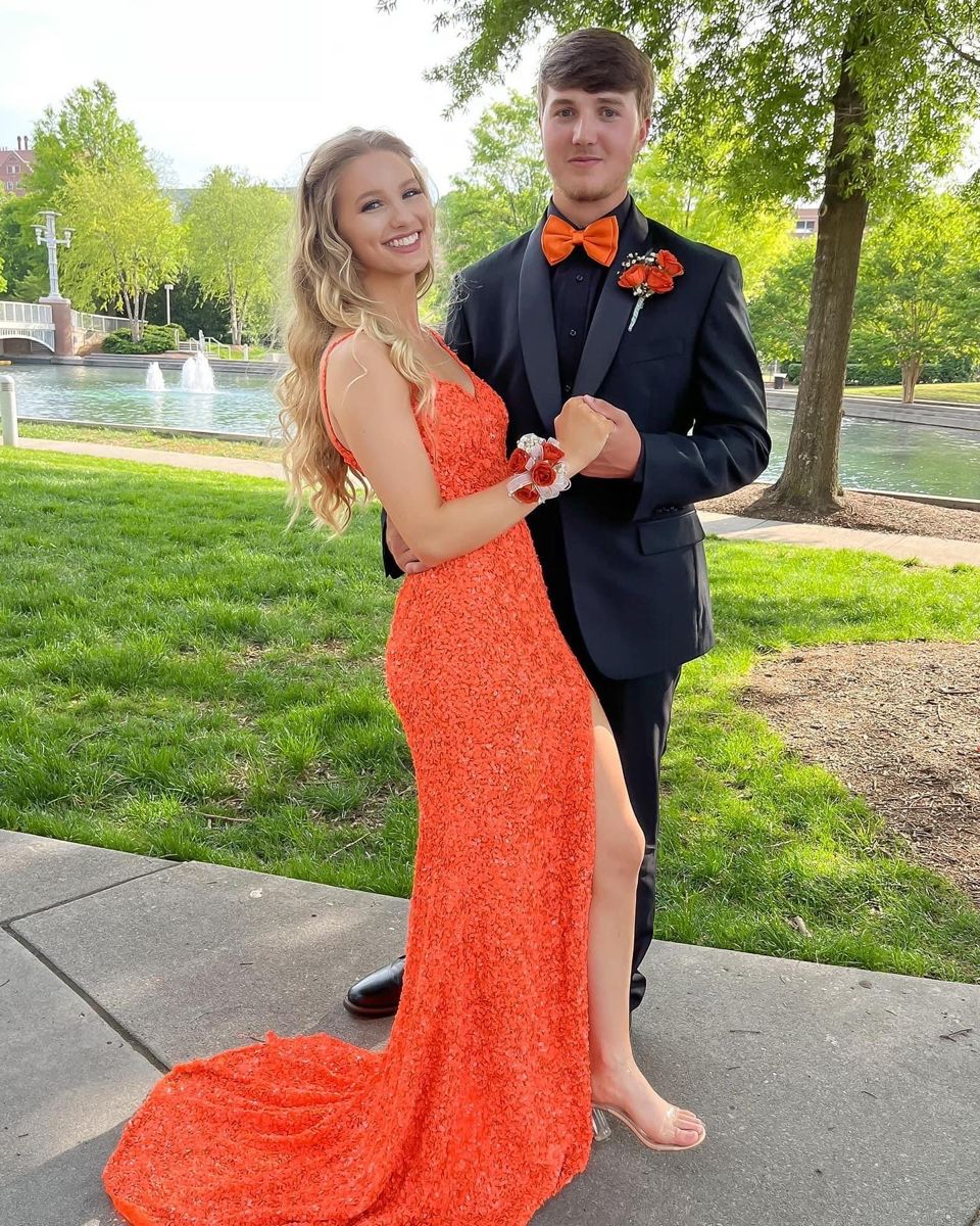 Sexy Orange Mermaid Side Slit Long Prom Dress - VelvetHem