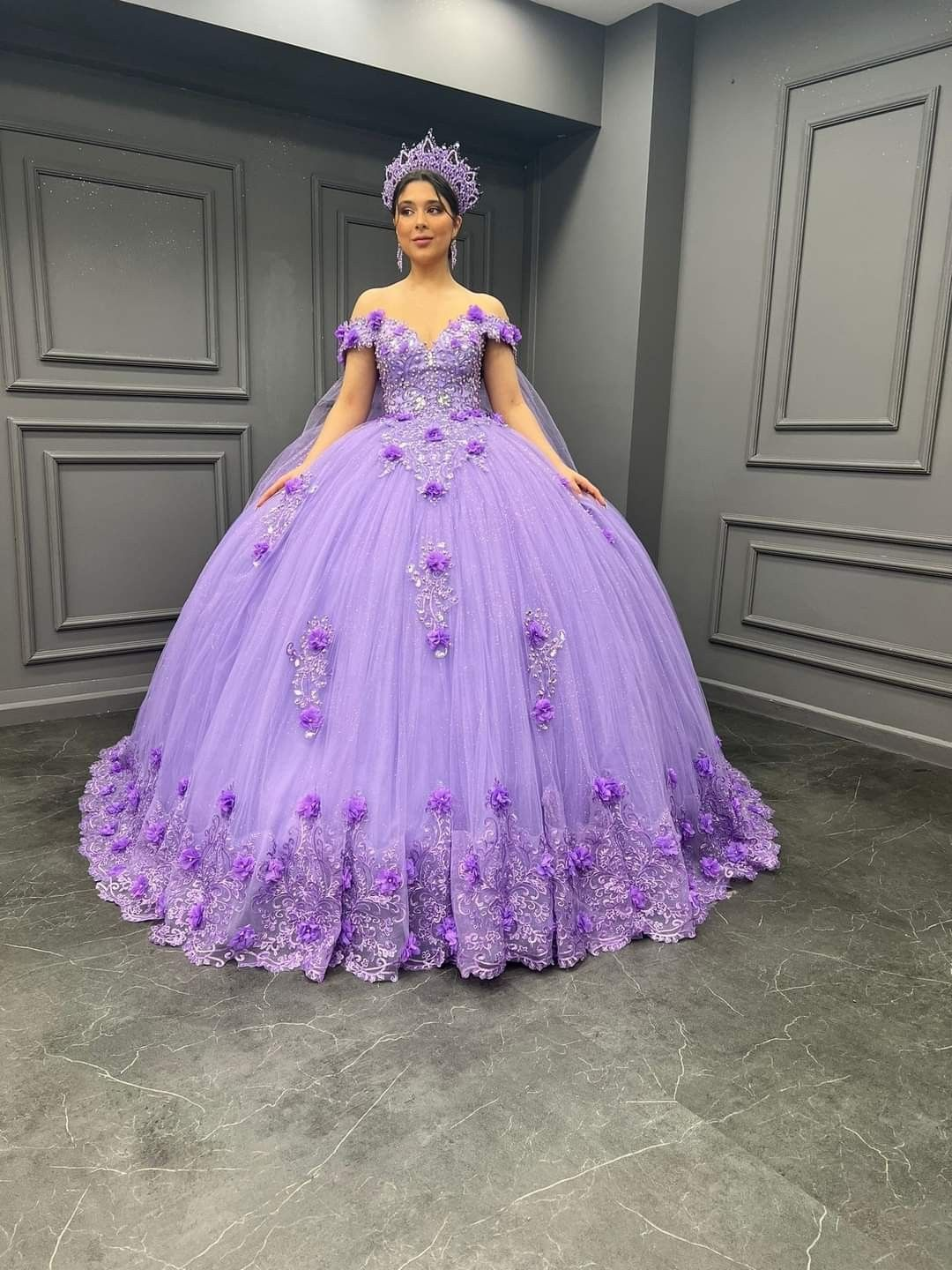 Princess Purple Off The Shoulder Ball Gown Quinceanera Dress Beaded Birthday Party Dress 3D Flowers - VelvetHem