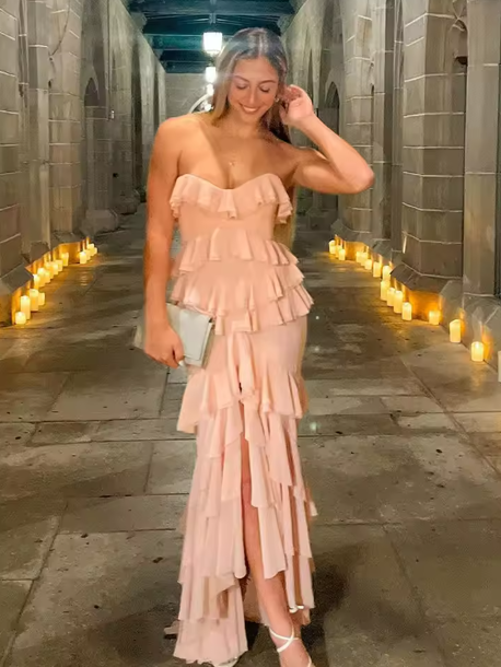 Elegant Pink Strapless Chiffon Slit Evening Dress Ruffles Party Prom Dress - VelvetHem