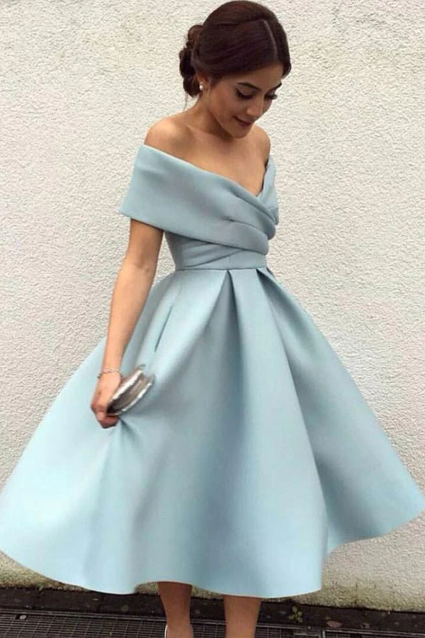 A-Line Off-the-Shoulder Tea-Length Sleeveless Homecoming Dress,Light Blue Satin Prom Dress - VelvetHem