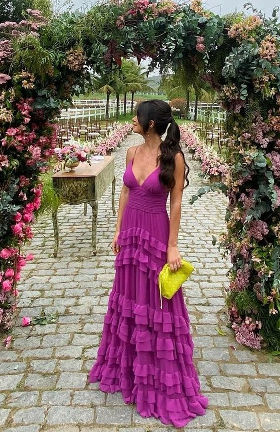 A-line Purple V-neck Long Evening Prom Dress,Spaghetti Straps Prom Dress - VelvetHem