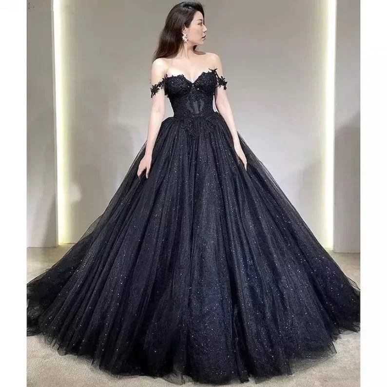Lace Applique Tulle Dress, Black Glitter Wedding Dress, 3D Flowers Long Evening Dress (ZD13610) - VelvetHem