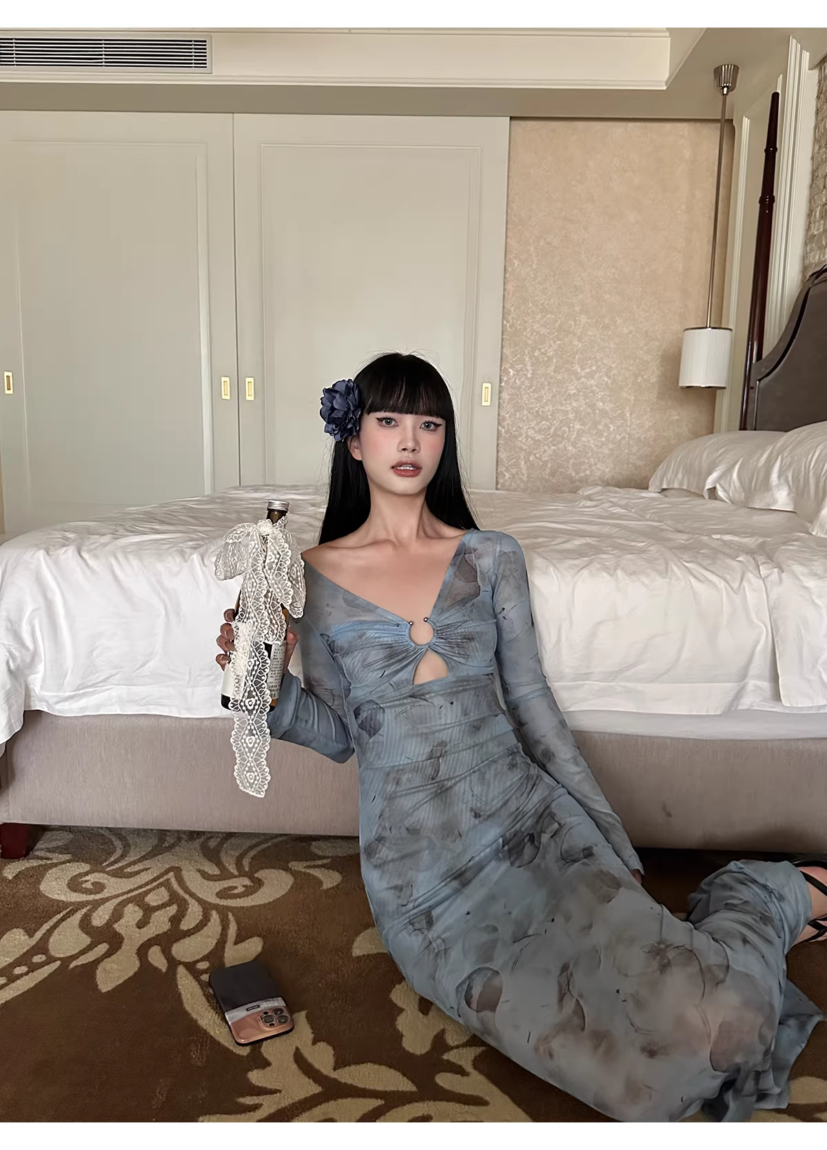 Charming V Neck Blue Lace Sheath Long Evening Dress Formal Wedding Guest Dress - View 6 | VelvetHem
