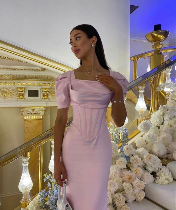 Pink Prom Dresses Women Short Sleeve Formal Party Evening Gown - VelvetHem