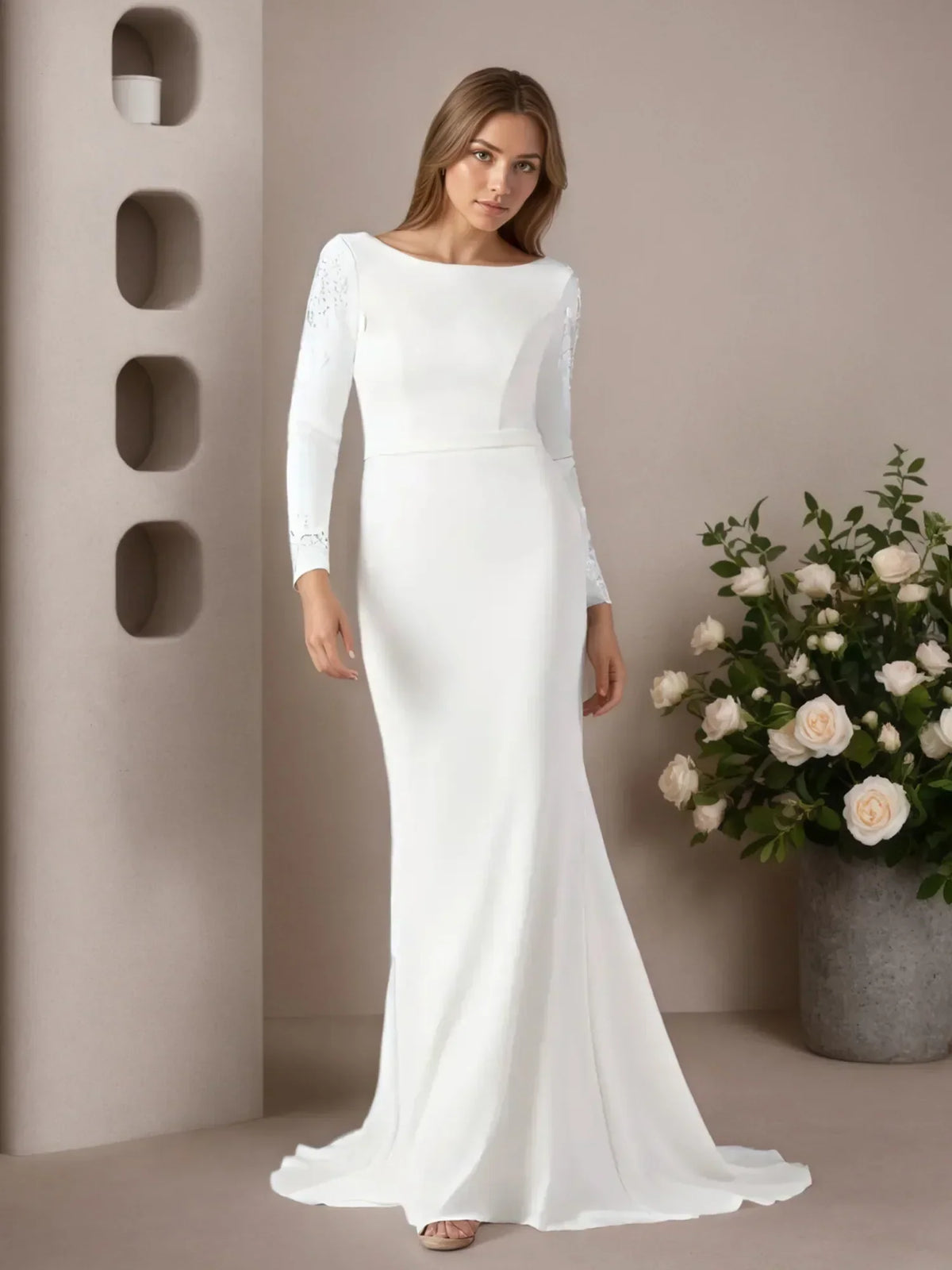 White Mermaid Scoop Sequins Stretch Crepe Wedding Dress - VelvetHem