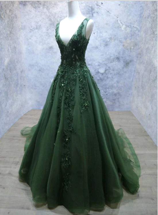 Dark Green V-neckline Lace Applique Low Back Formal Prom Dress - VelvetHem