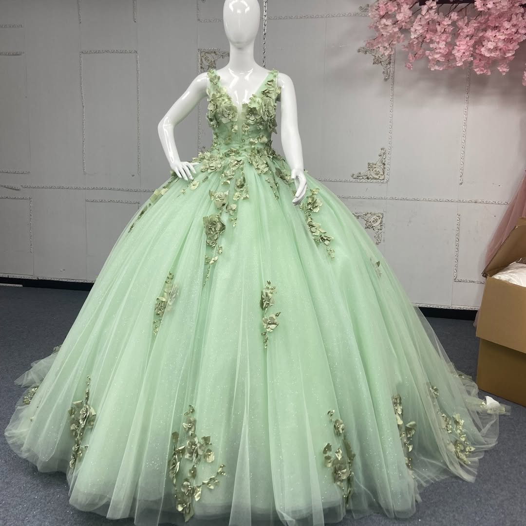 Charming A Line V Neck Green Quinceanera Dress with Criss Cross Back Appliques - View 3 | VelvetHem