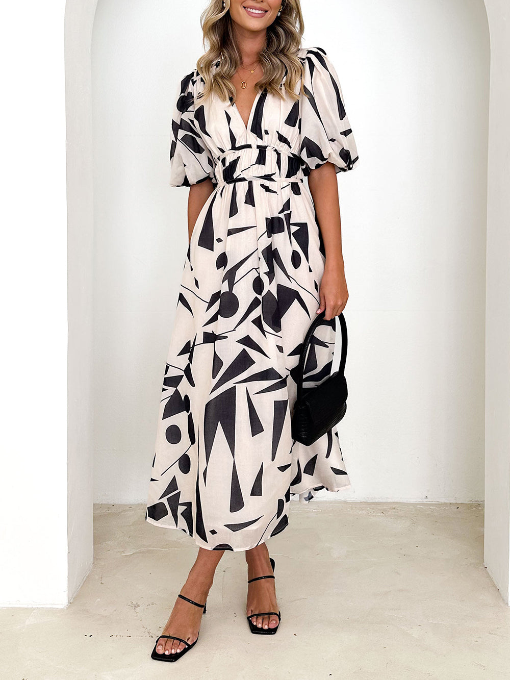 Sakura Midi Dress Beige Geo