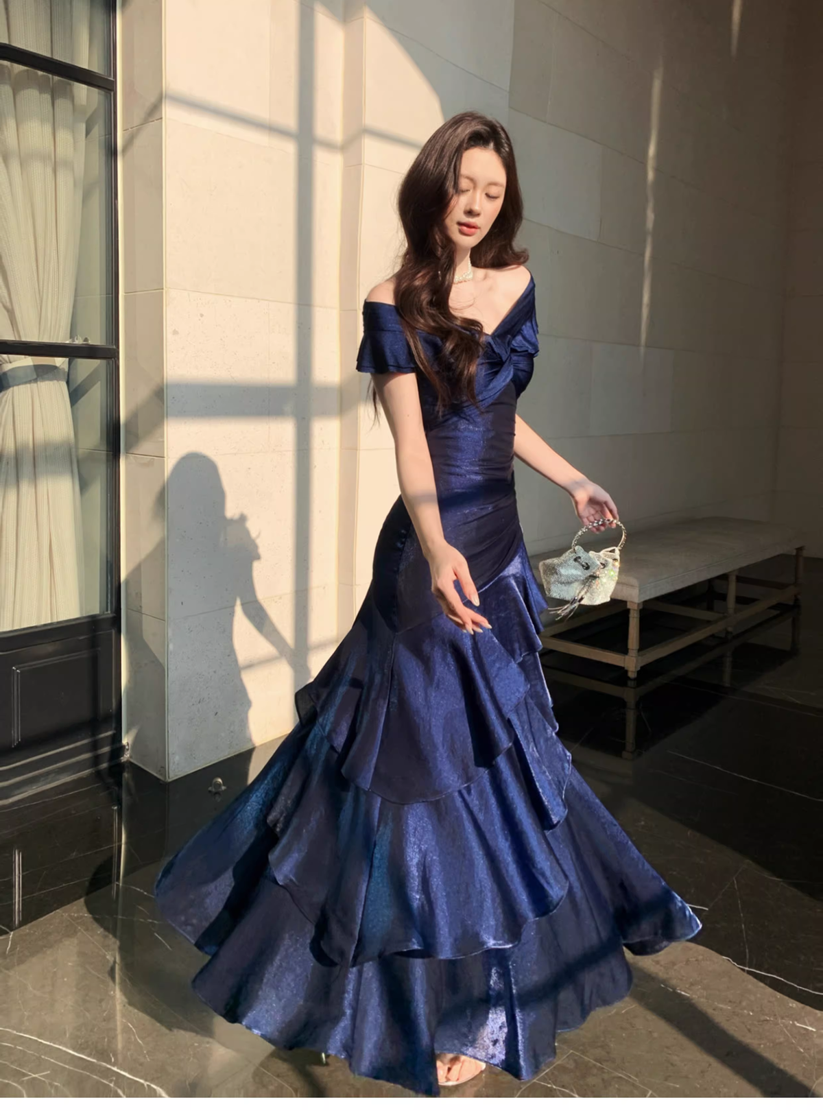 Stylish Navy Blue Off The Shoulder Satin Layered Ruffles Mermaid Long Evening Dress Prom Gown - View 2 | VelvetHem