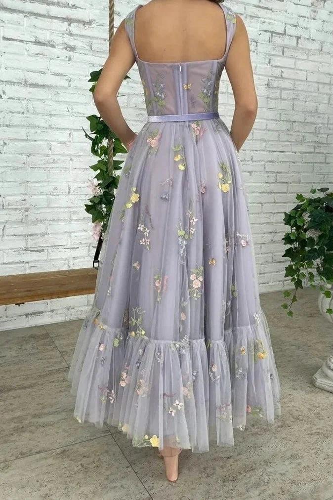 Chic Sleeveless A Line Ankle Length Tulle Prom Dresses (ZD11510)