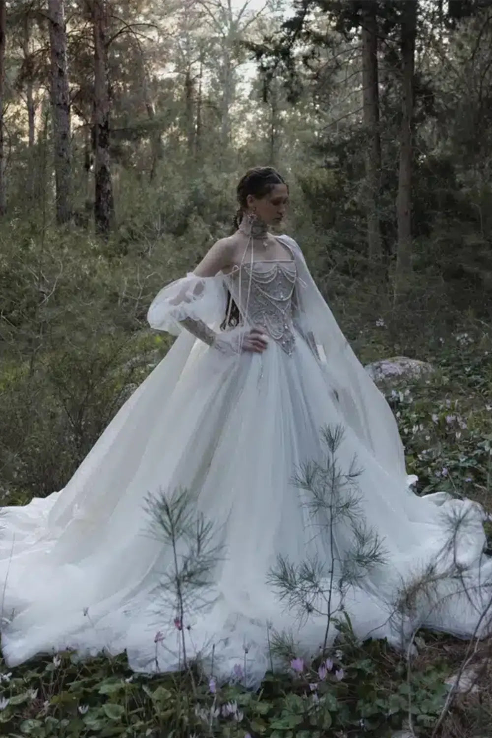 White Draped Pearl Tulle Ball Gown Bridal Dress with Puff Sleeves ZP205