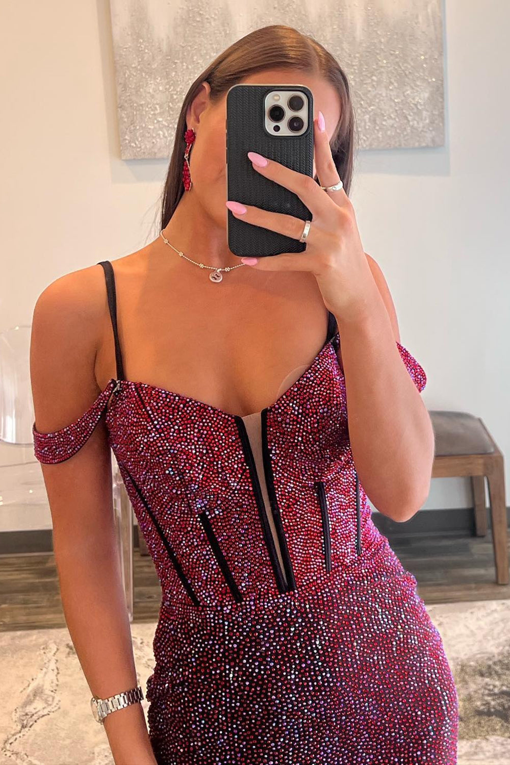 Luxurious Burgundy Mermaid Off The Shoulder Long Corset Beaded Prom Dress - View 5 | VelvetHem