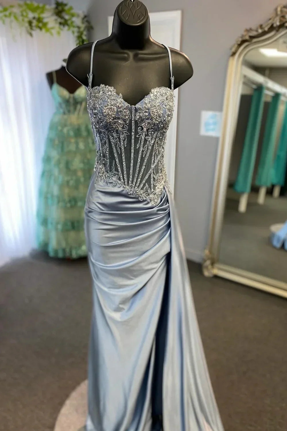 Stunning Mermaid Spaghetti Straps Long Glitter Prom Dress with High Slit