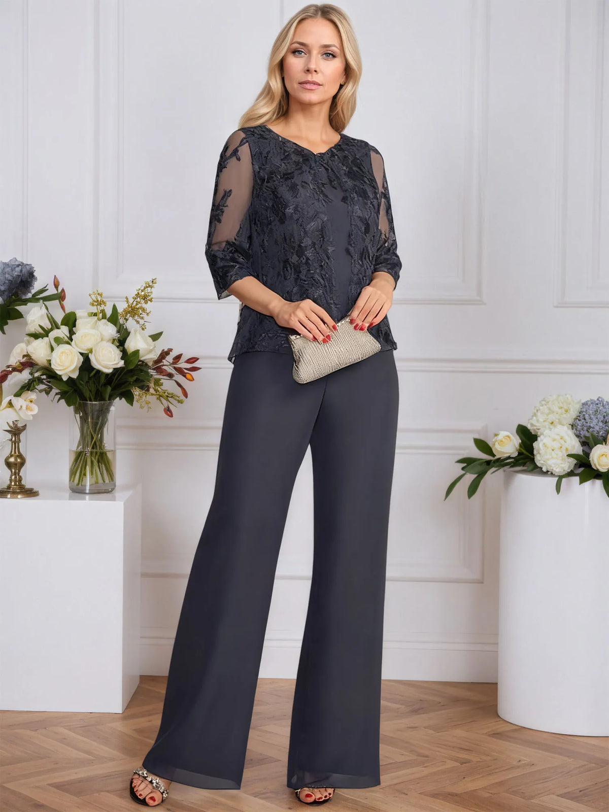 Pantsuits Separates V-Neck Floor-Length Lace Chiffon Mother of the Bride Dress - VelvetHem