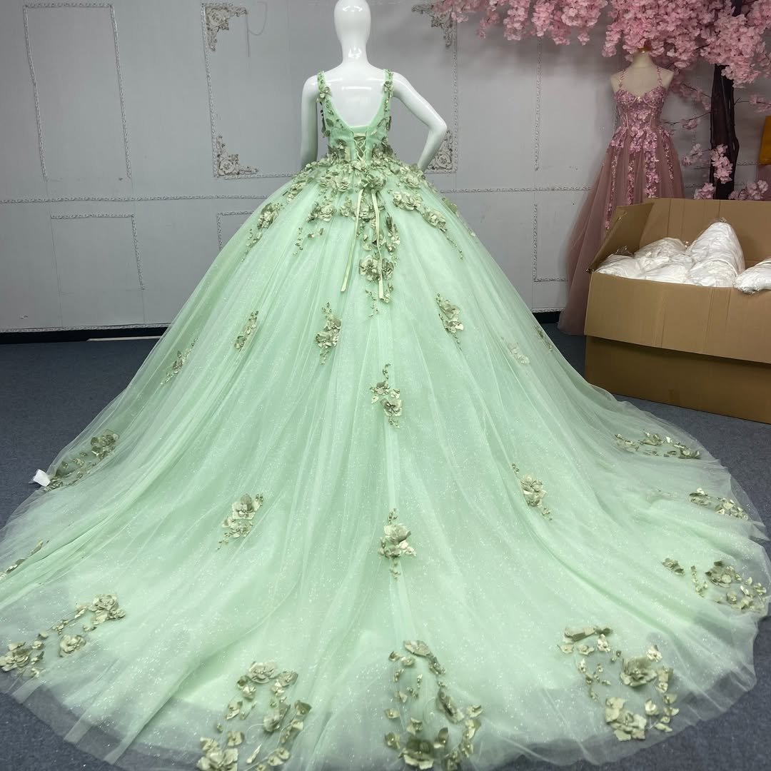 Charming A Line V Neck Green Quinceanera Dress with Criss Cross Back Appliques - View 2 | VelvetHem