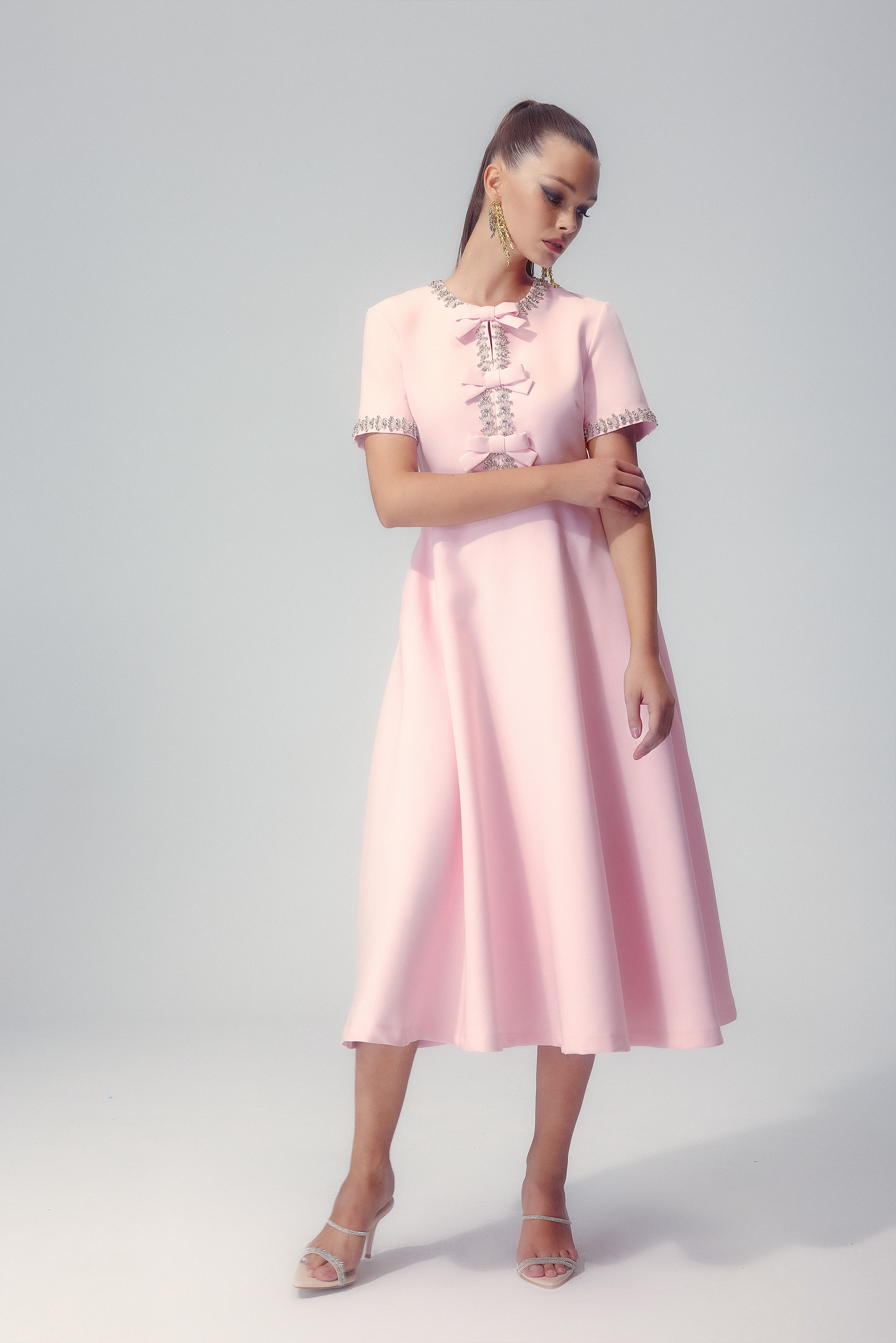 Mercedes Minimalist Midi Dress with Bow and Crystal Embellishment Chic Silhouette Collection