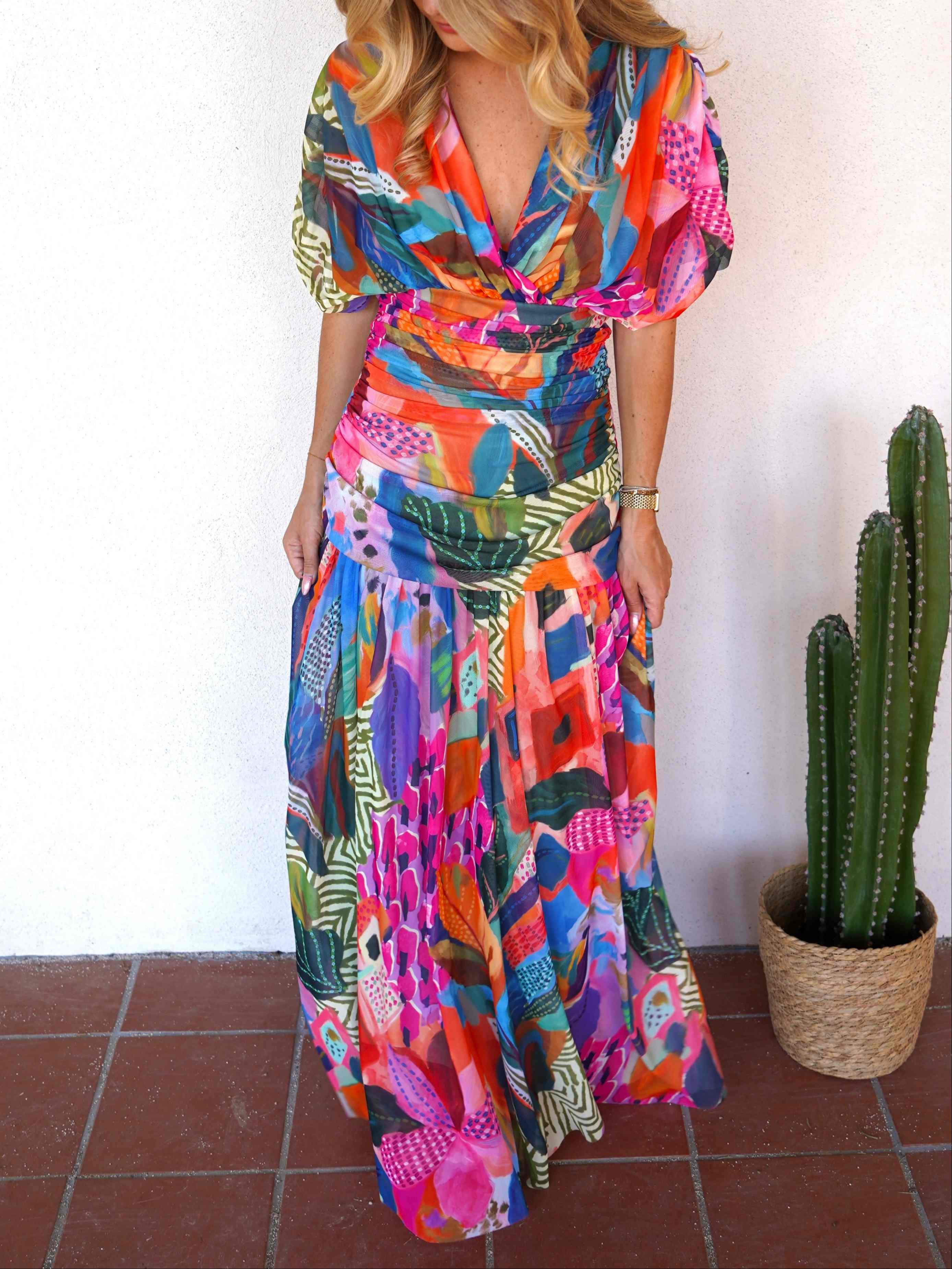 Abstract Multicolor Print Mesh Maxi Dress