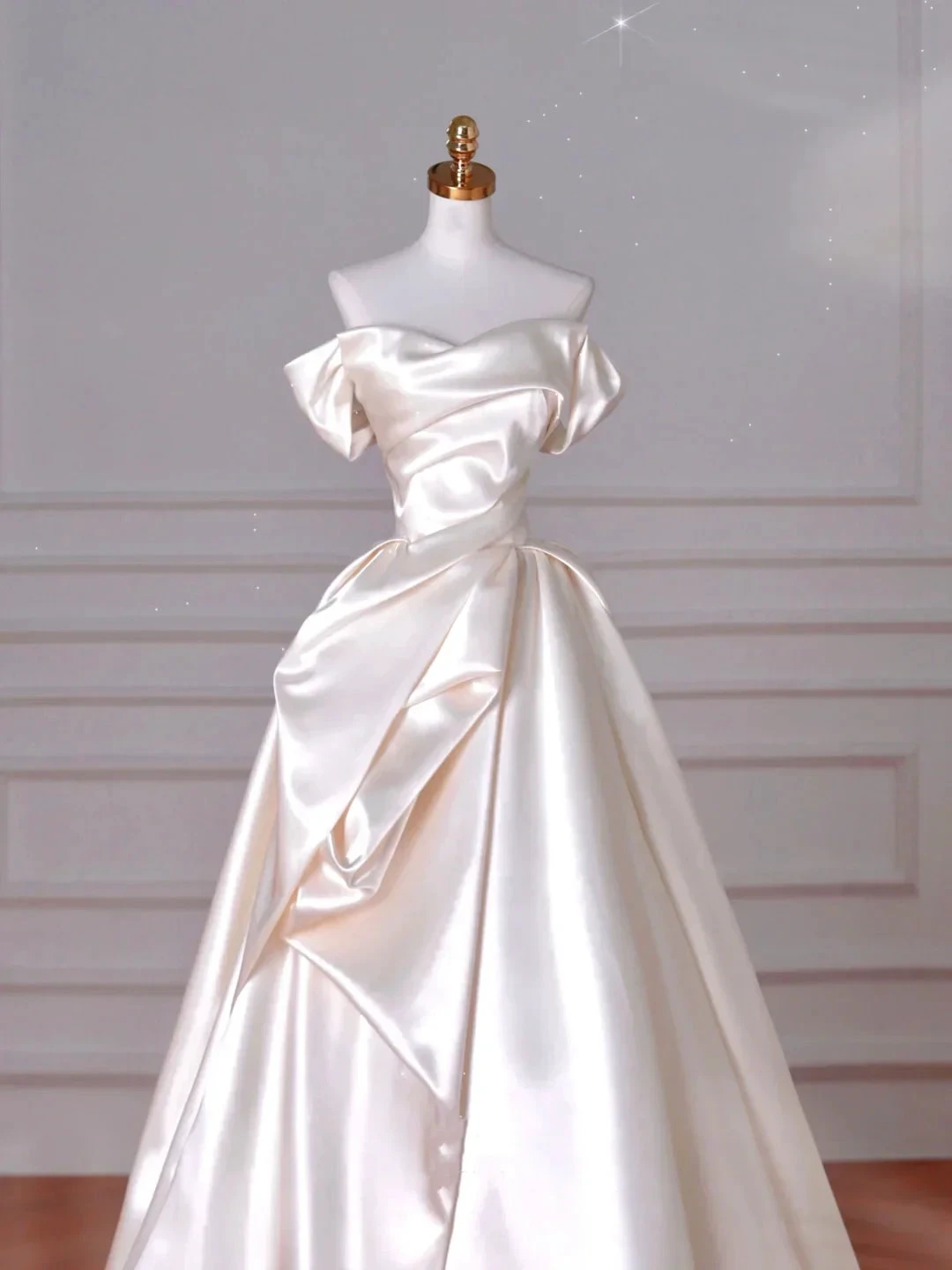 Classy Off The Shoulder Satin Pleated A Line Prom Evening Dress,White Wedding Dress (ZD13760)