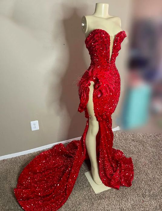Sparkly Sequined Red Sweetheart Long Prom Dress For Black Girls Feathers Birthday Party Gowns High Slit Evening Gown Y6599 - VelvetHem