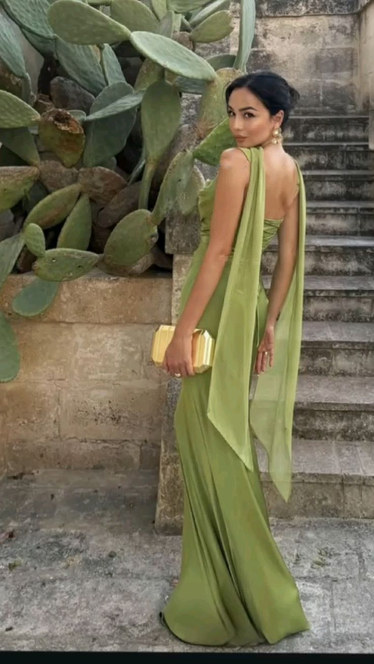Elegant Green Satin Mermaid Long Wedding Guest Dress Birthday Party Dress - View 2 | VelvetHem