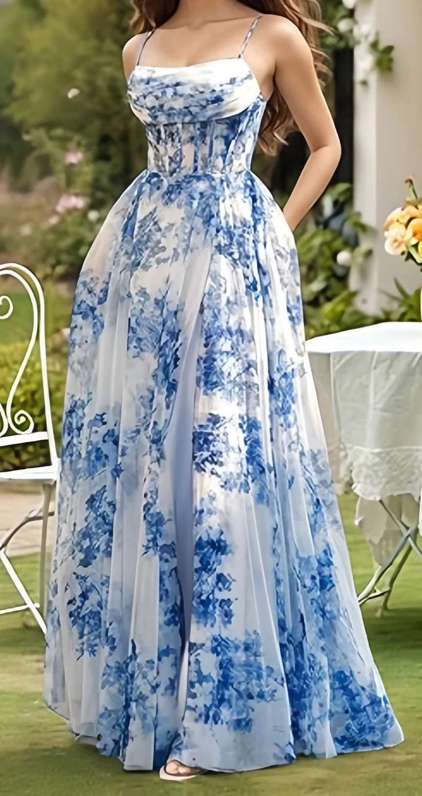 Elegant Spaghetti Strap Blue Chiffon Print Floral Prom Dress ,Formal Slit A Line Evening Dress - VelvetHem