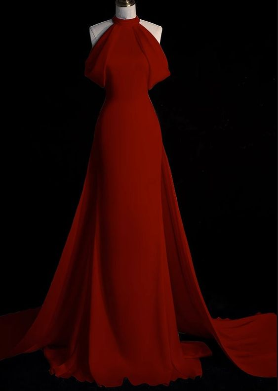 Charming Burgundy Halter Neck Mermaid Evening Dress With Trail Y6987 - VelvetHem