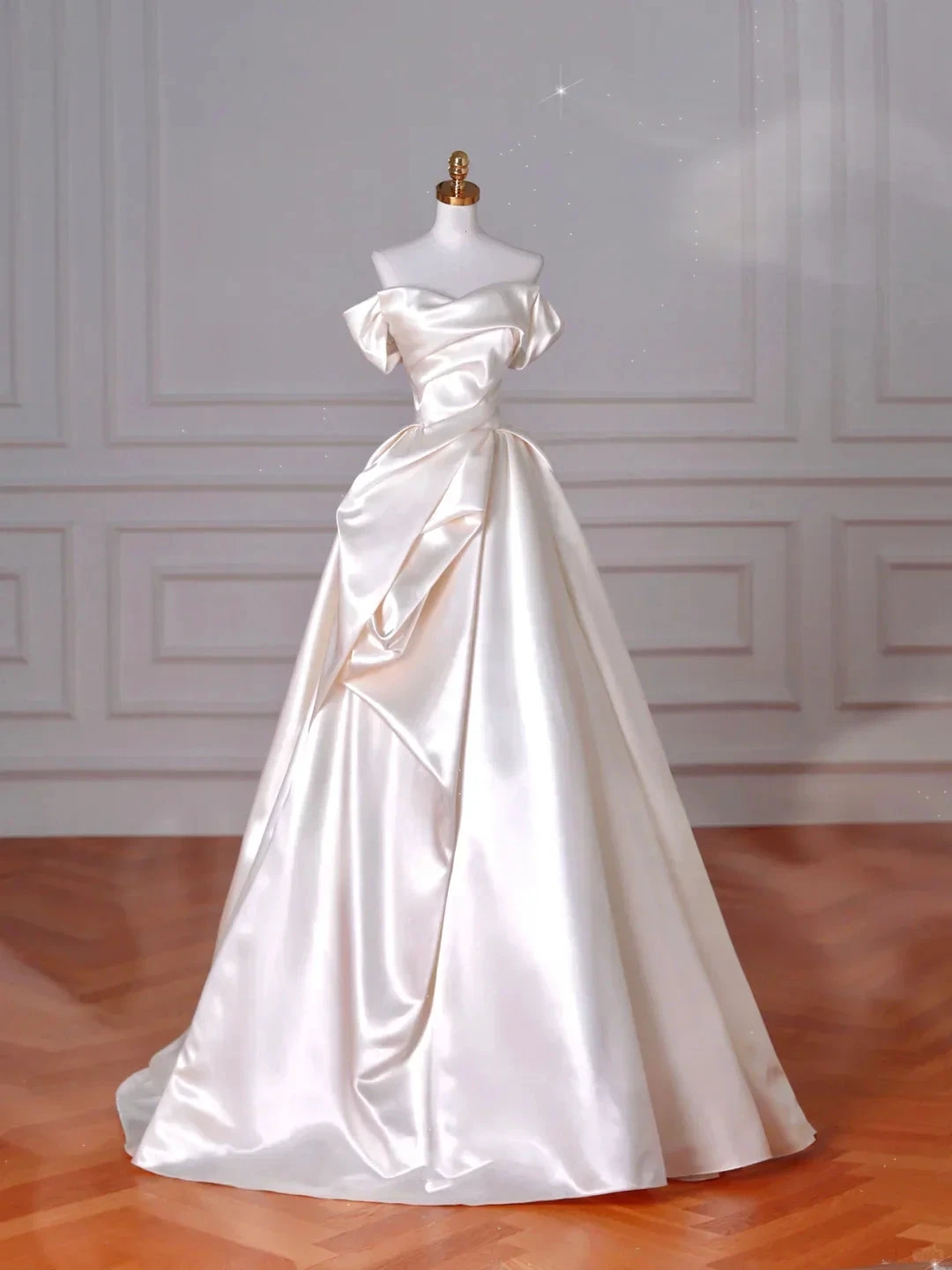 Classy Off The Shoulder Satin Pleated A Line Prom Evening Dress,White Wedding Dress (ZD13760)