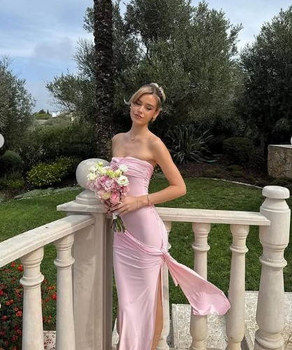 Pink Strapless Pleated Slit Evening Dress Long Sheath Party Prom Dress - VelvetHem
