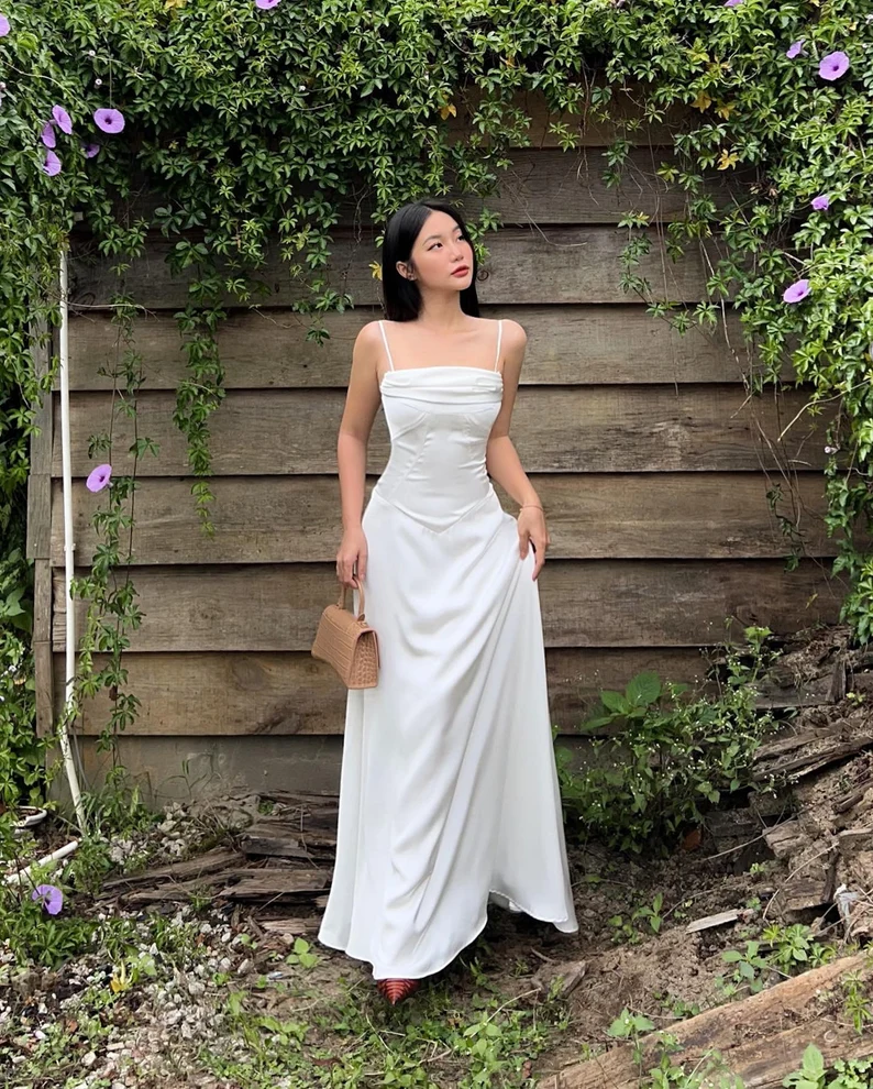 Simple White Satin Spaghetti Straps A Line Party Dress Elegant Prom Dress Evening Gown - VelvetHem