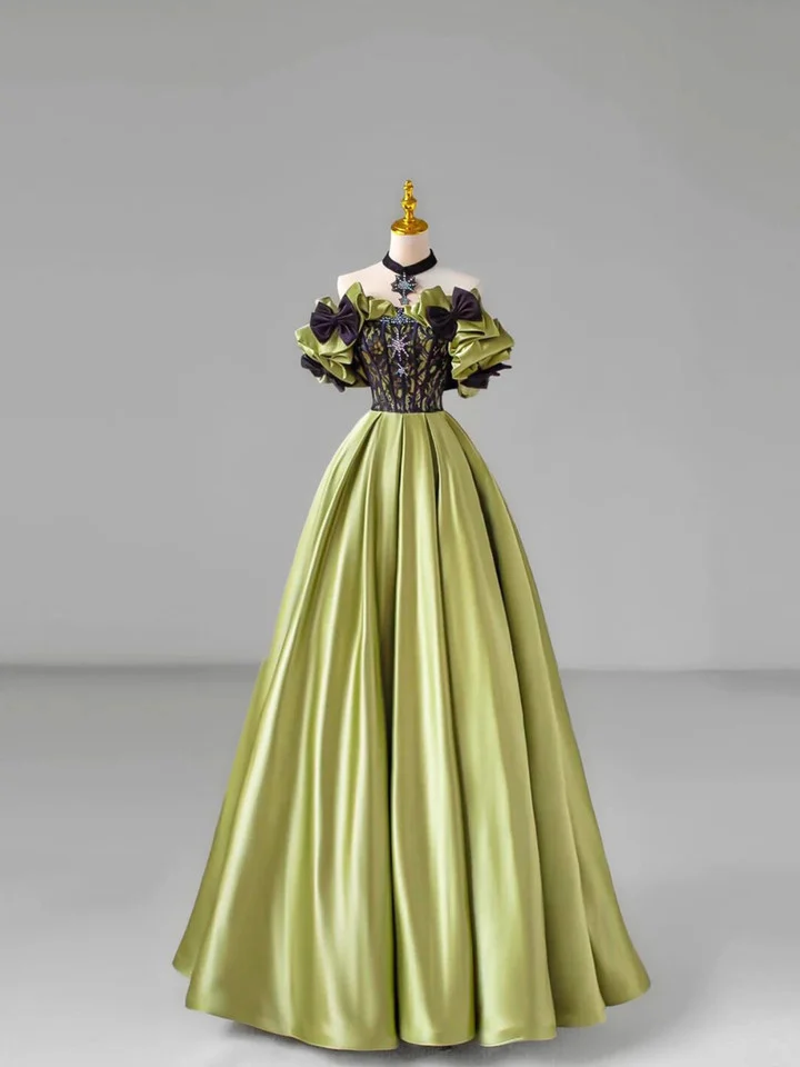 Vintage Off The Shoulder Ball Gown Green Satin Lace Bow Prom Dress - VelvetHem