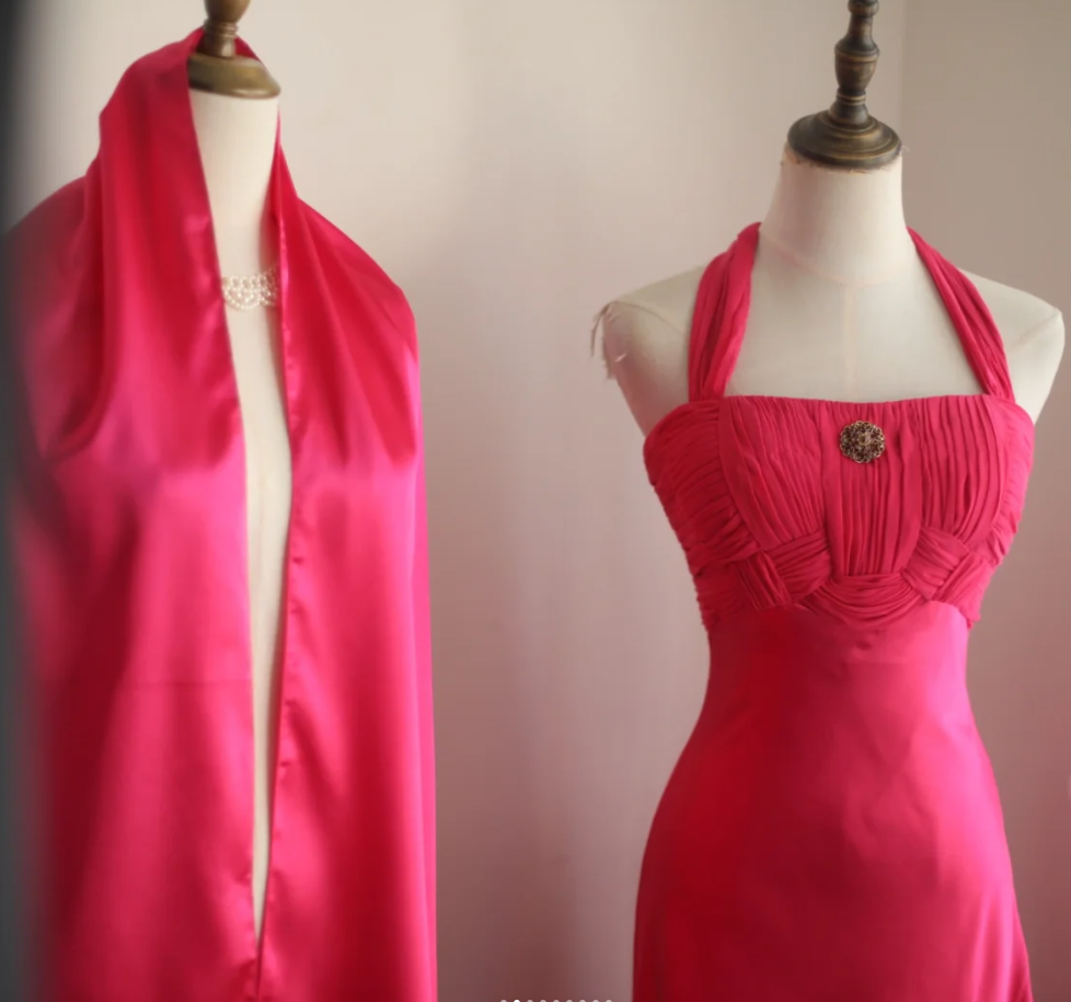 Glamorous Halter Hot Pink Satin Chiffon Mermaid Long Party Dress Formal Birthday Prom Gowns With Cape - View 3 | VelvetHem