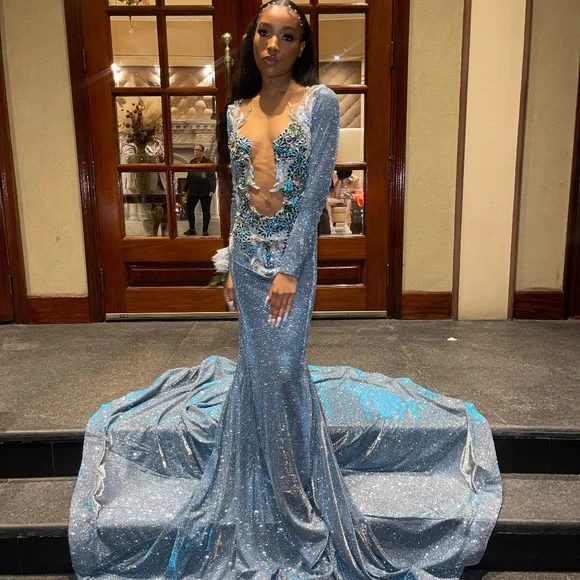 Beautiful Blue Satin Appliques Mermaid Evening Gown,Shiny Formal Prom Dress - VelvetHem