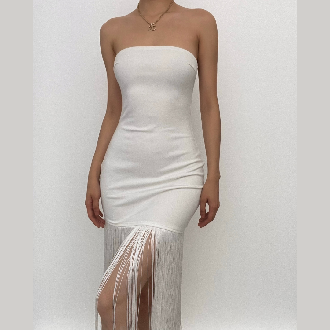 Sleeveless solid backless tassel tube dress