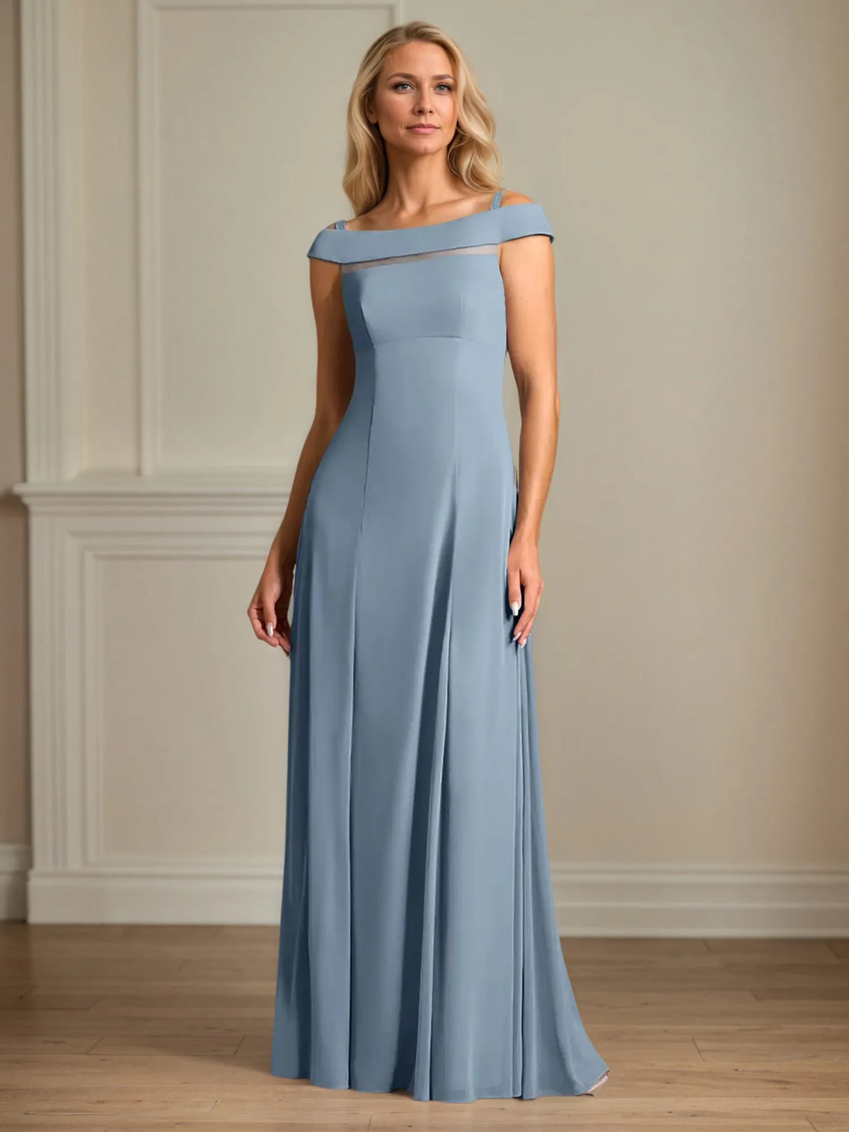 A Line Off the Shoulder Floor Length Chiffon Mother Of the Bride Dress With Pleated - VelvetHem
