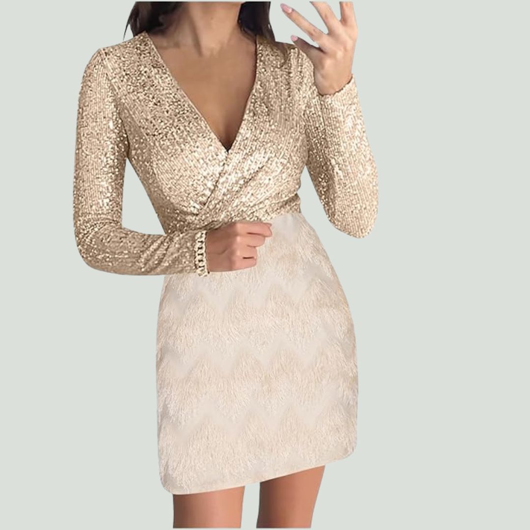 Amalberga Aesthetic Heidi Mode Sequin Dress with V Neck Statement Occasion Edit