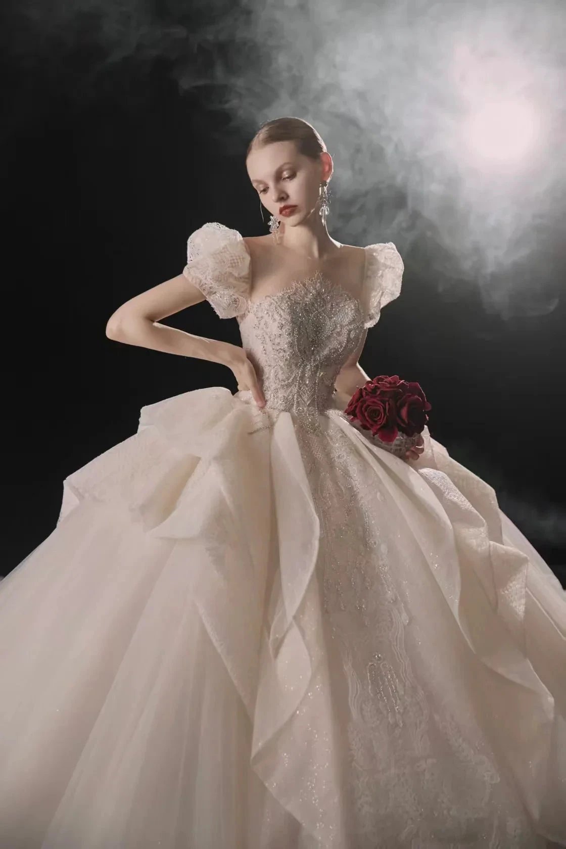 Elegant Sweetheart Ball Gown Lace Puff Sleeve Beaded Embroidery Wedding Dress with Flowing Train E-302 by ZAPDRESS