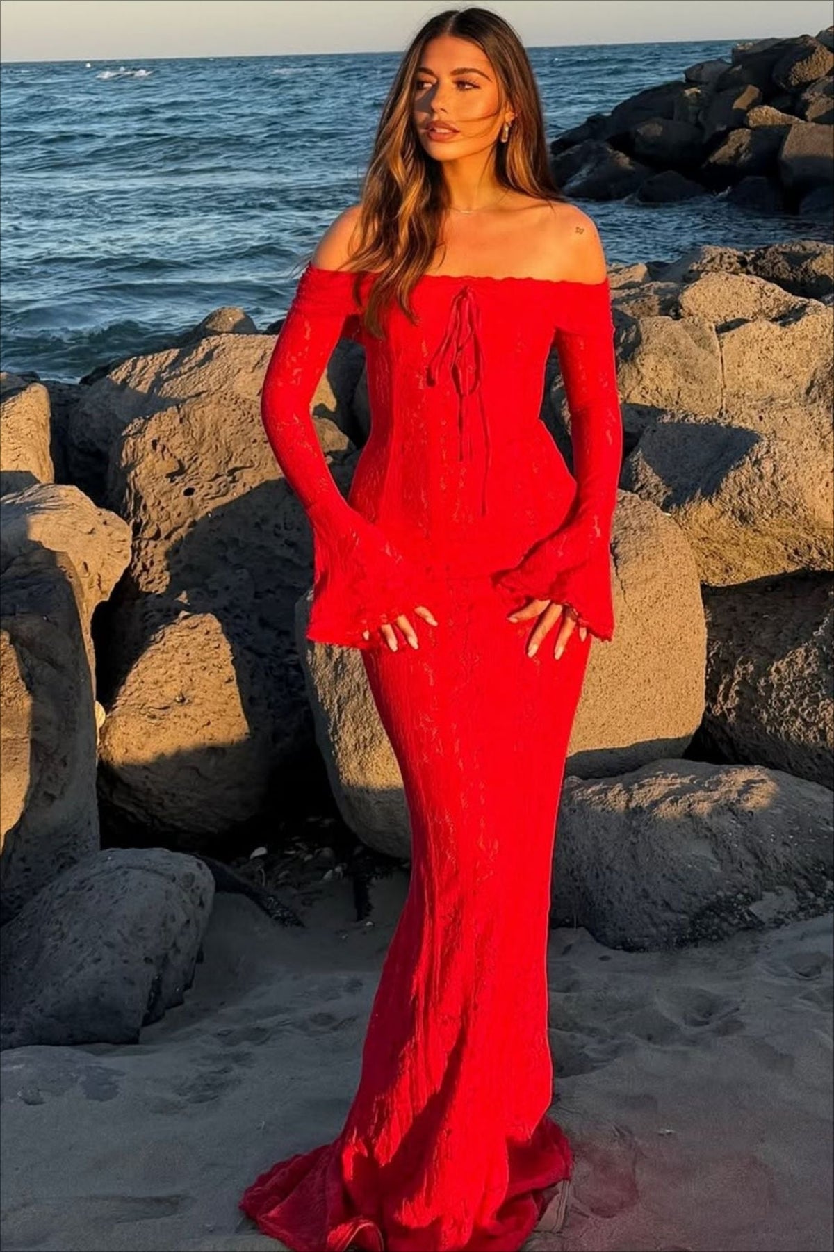 Lace Bustier Bell Sleeve Maxi Dress - View 10 | VelvetHem