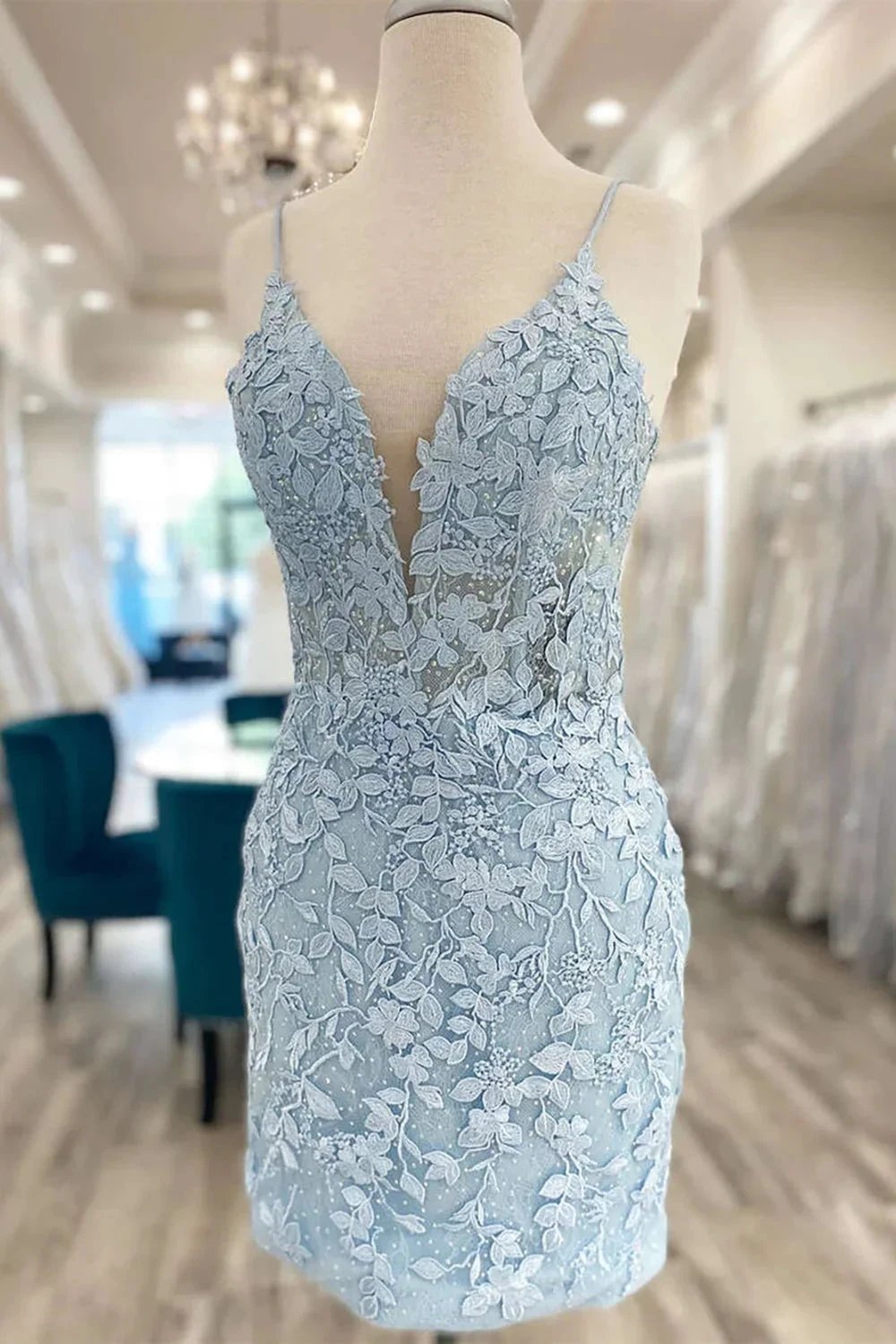 Cute Light Blue V Neck Lace Homecoming Dresses (ZD11453) - VelvetHem