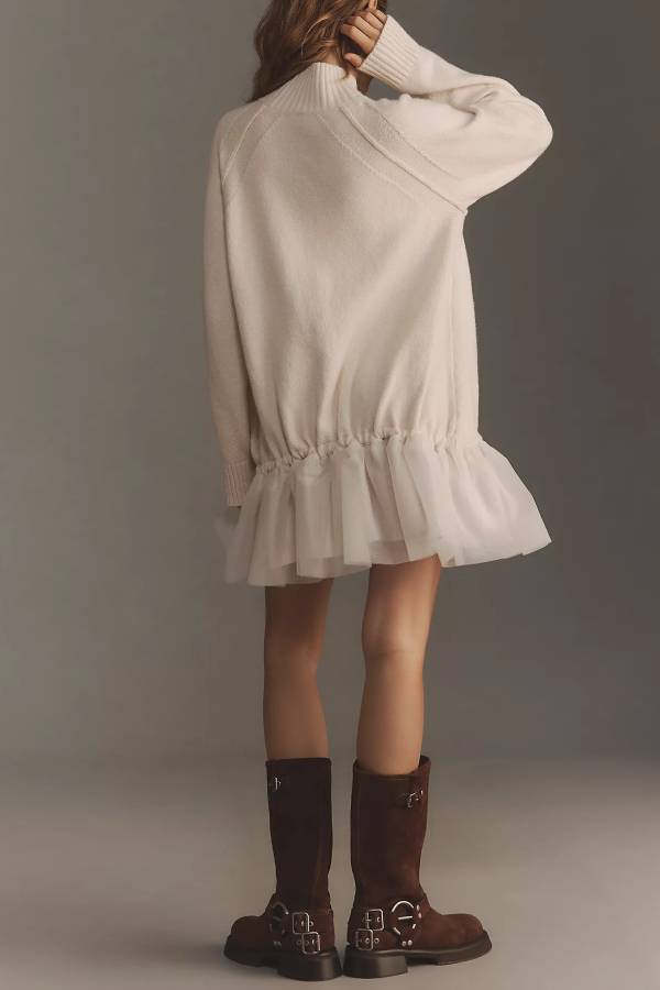 Jean Minimalist Holiday Cutie Knit Long Sleeve Twofer Turtleneck Tulle Mini Dress Premium Wardrobe Essential